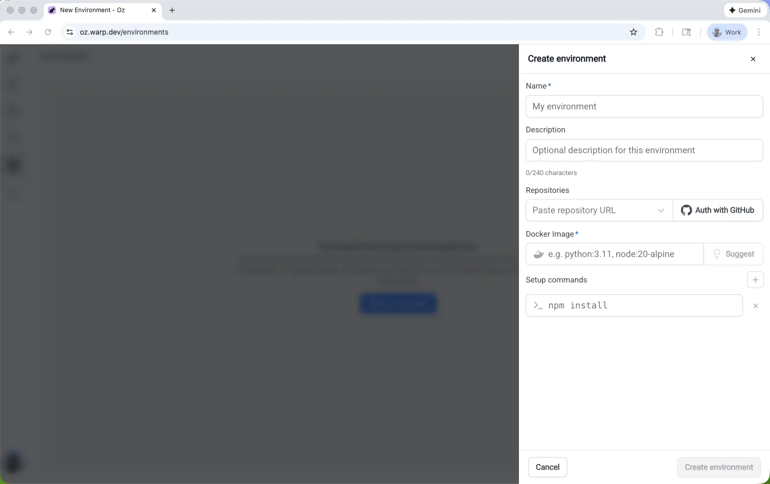 Creating a new environment in the Oz Web App.