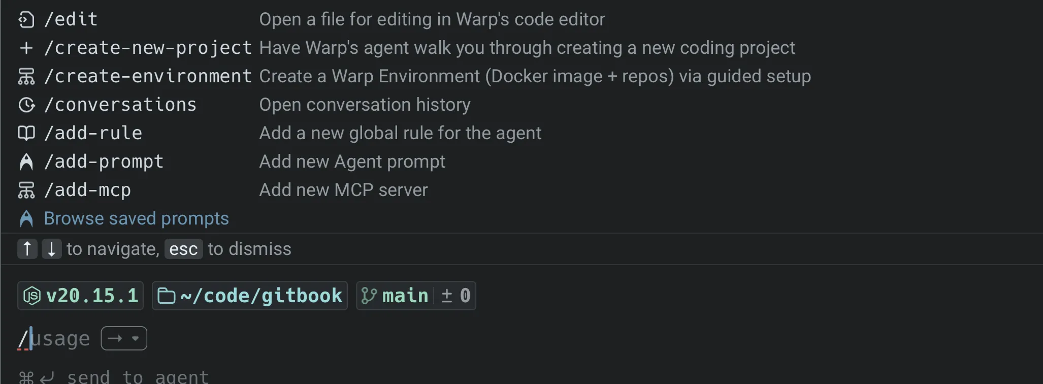 Slash command menu open from terminal mode, showing a reduced set of quick actions.